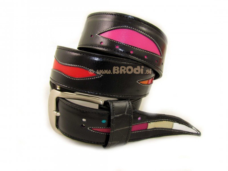 Leather Belt Kiri Black with Colourful Stripes