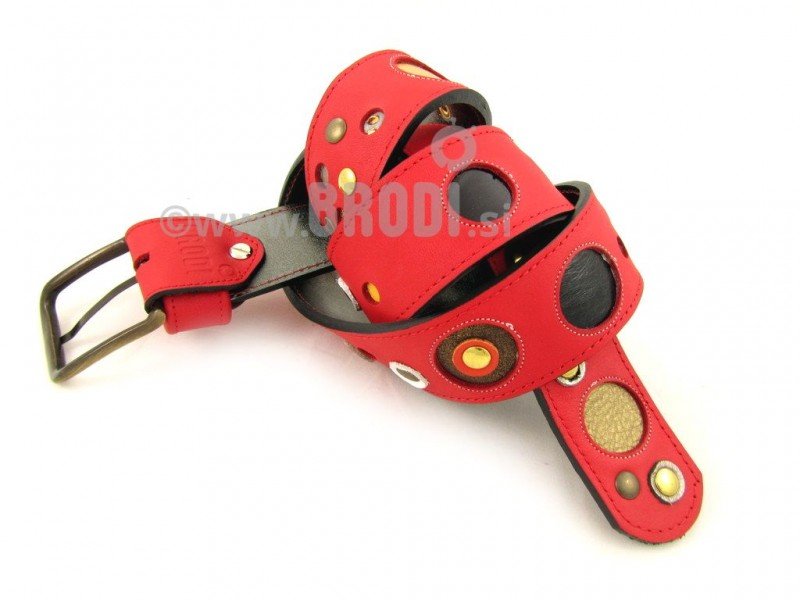Leather Belt Kiri Red with Black and Gold Dots