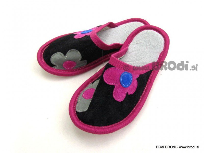 Leather Slippers Classic Black with Pink Flower