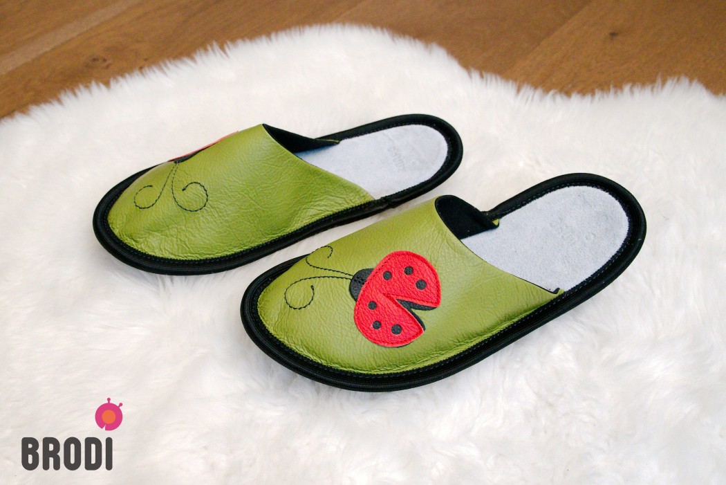 Leather Slippers Classic Green with Ladybug