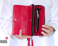 Rdeča dvojna XXL usnjena ženska denarnica na zadrgo Flora